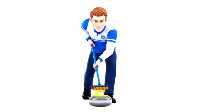 3d cartoon curling athlete precise sweep, strategic gameplay animation asset, isolated on transparent background