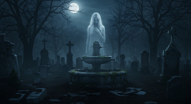 A ghostly female figure hovers over an old fountain in a dark, spooky, and moonlit cemetery at night.