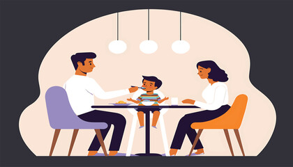 A loving family shares a meal, with the father feeding their young child in a high chair. Modern flat vector illustration