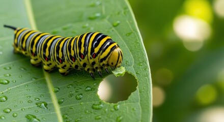 Naklejka premium Striking caterpillar chomps on a leaf, with visible water droplets