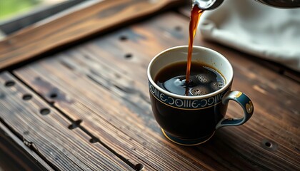 Rich dark coffee pouring into a vintage cup atop a rustic wooden table, background, brown