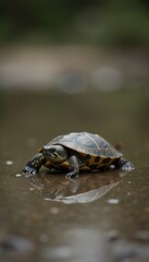 Fototapeta premium A Small Turtle Taking a Slow and Steady Journey Down a Forest Path