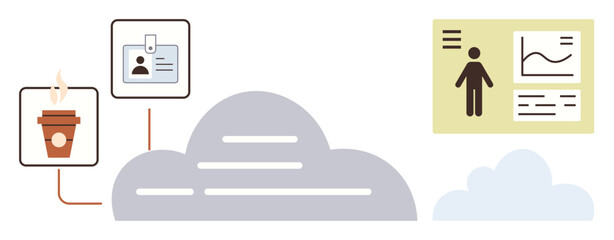 Coffee cup, ID badge, and analytics dashboard connected to clouds symbolize collaboration, data sharing, and productivity. Ideal for teamwork, technology, automation, networking workflow remote
