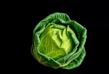 Obraz premium A whole savoy cabbage, vibrant green, sits alone against a stark black backdrop, dark background, texture