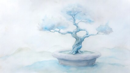 Watercolor painting of a bonsai tree in a pot isolated on white background, showcasing its unique form and delicate artistic touch