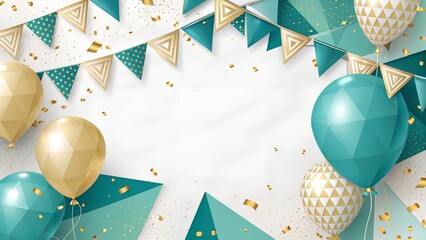 Celebratory background with gold and teal balloons banners and confetti with geometric shapes perfect for invitations and festive announcements
