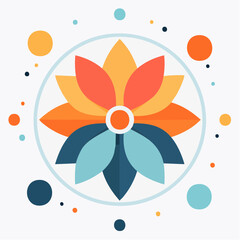 Stylized Geometric Flower with Circular Frame and Colorful Dot Accents