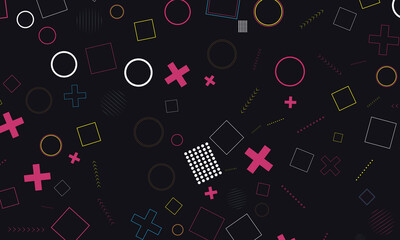 Abstract geometric pattern with colorful circles, squares, and crosses on dark background. Modern seamless design for wallpaper, cover, textile, and digital decoration