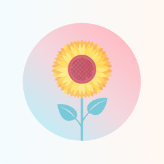 Stylized Sunflower with Geometric Center and Teal Leaves Illustration