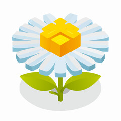 Isometric Daisy with Cubic Center and Stylized Leaves Modern Design