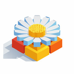 Isometric Daisy Flower on Colorful Cubes Stylized Design with Geometric Petals