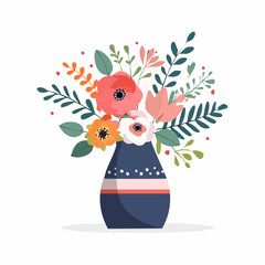 Stylized Floral Arrangement in a Navy Vase with White and Coral Accents