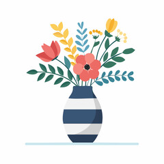 Striped Vase with Red and Yellow Floral Arrangement Stylized Botanical Illustration
