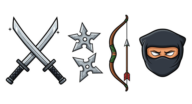 Cartoon ninja weapon and character collection in vector illustration format