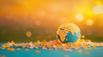 Colorful globe surrounded by confetti on vibrant background during celebration