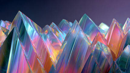 Abstract 3d background wallpaper with row of glass holographic transparent triangle plate shapes render. Dynamic tech banner with layers effect. Iridescent gradient wave line pattern