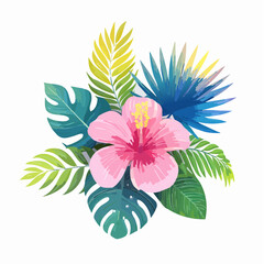 Vibrant Pink Hibiscus Bloom Surrounded by Lush Tropical Foliage Arrangement