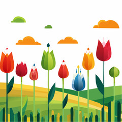 Stylized Tulip Field with Abstract Clouds and Varied Color Palette