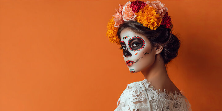 Woman with sugar skull makeup is festive, celebratory, and beautiful