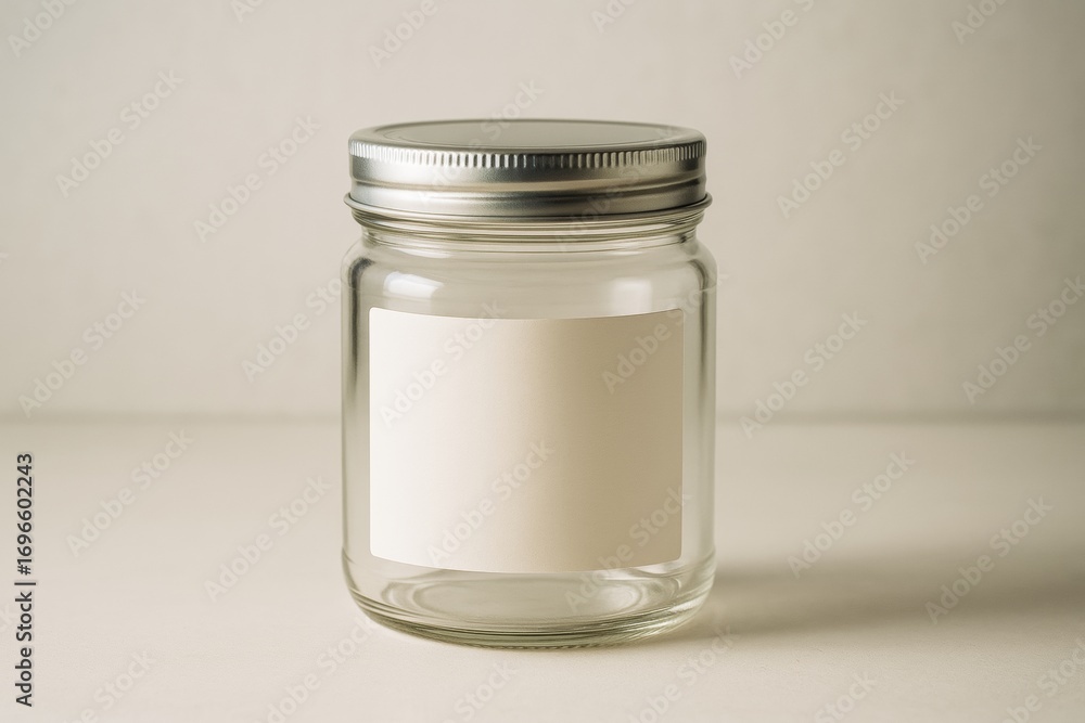 Poster blank glass jar mockup with metal lid and empty label for branding display on clean light background