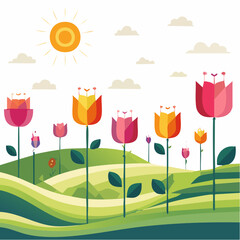 Stylized Tulip Garden with Rolling Hills and Radiant Sun Illustration