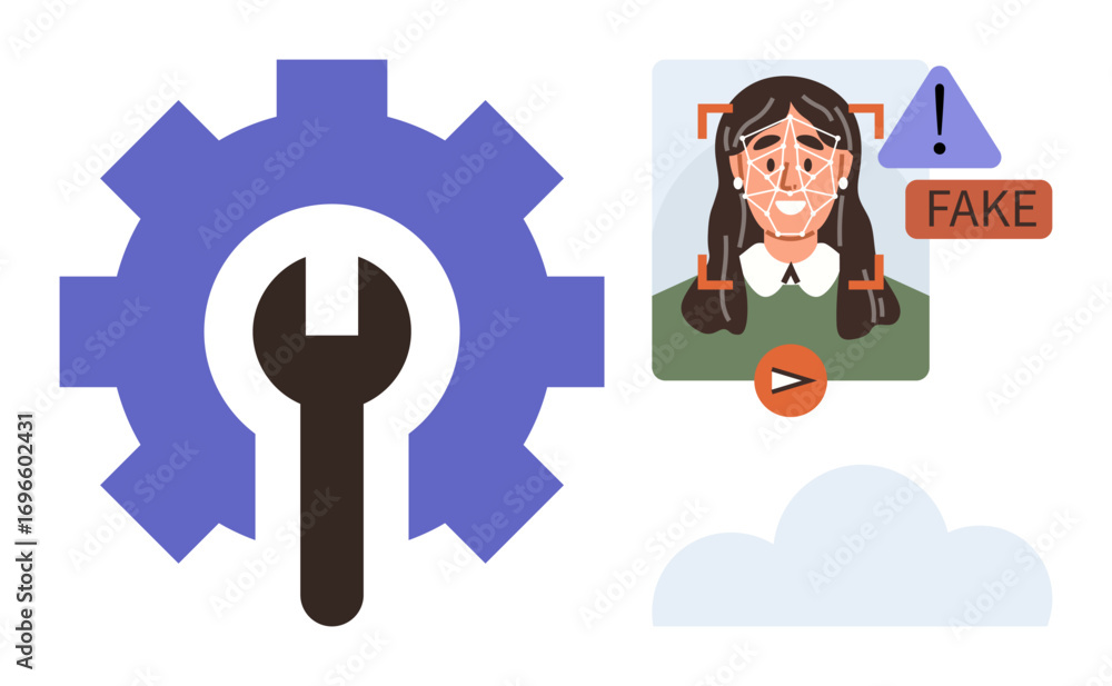 Aufkleber gear with wrench symbolizing tools and technology. ai face recognition detects deepfake on portrait 