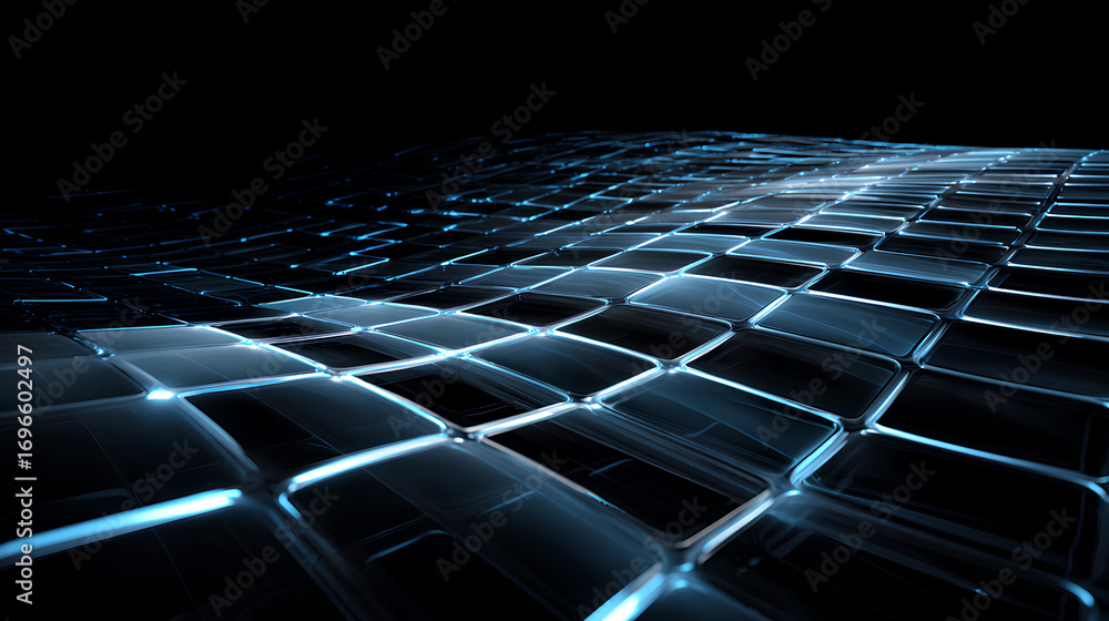 Poster abstract black 3d background with glass transparent square plates row, light blue gradient and speed
