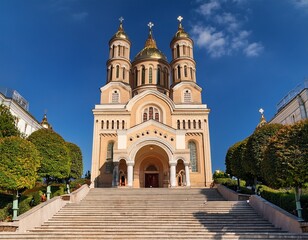 Obraz premium photo of the action in front view tibuist cathedral in t ozovetani near frame with stairs and white steps on blue sky background in blurred foreground in tog middle east city with buildings and green