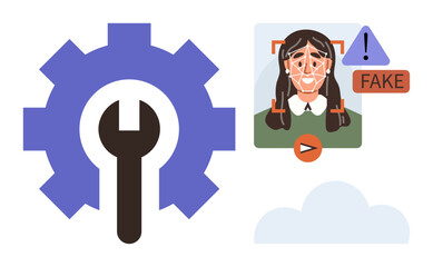 Gear with wrench symbolizing tools and technology. AI face recognition detects deepfake on portrait marked with alert icons. Ideal for tech, security, AI, detection, media, innovation safety. Simple