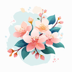 Stylized Floral Arrangement with White Blossoms Pink Buds and Teal Foliage