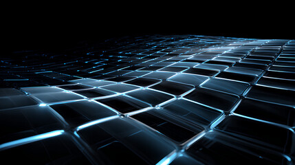 Abstract black 3d background with glass transparent square plates row, light blue gradient and speed motion effect. Crystal curve wave line pattern. Render futuristic digital tech Stock Illustration