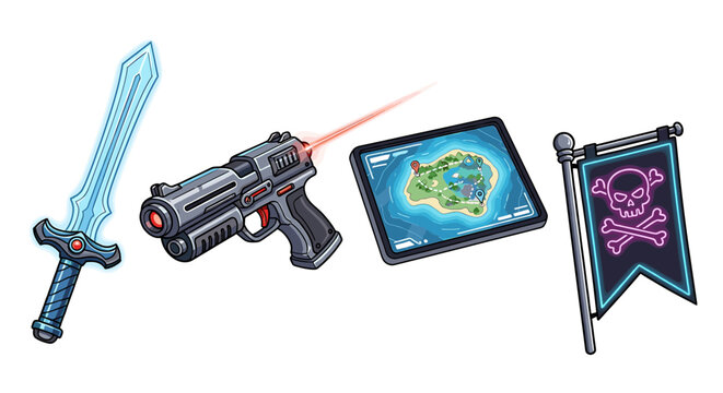 Cartoon Illustration: Fantasy Sword, Laser Gun, Map, and Pirate Flag