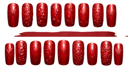 red nail designs with intricate patterns on transparent background