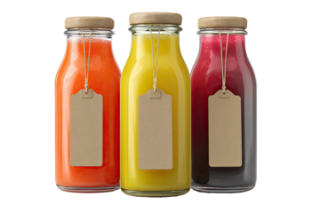 Three glass bottles of colorful juices, each with a light brown label and a natural fiber string tied around the neck