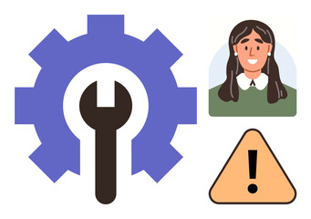 Gear with wrench for tools and settings, female figure for customer service, and caution sign for alert. Ideal for tech support, maintenance, troubleshooting, caution, service, teamwork