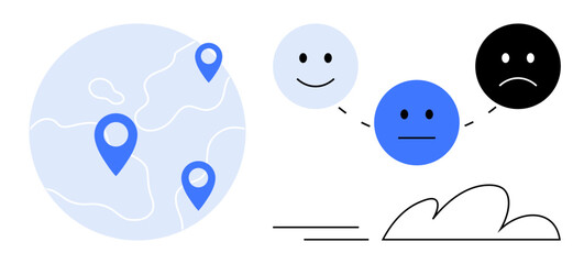 Globe with location pins linked to three faces showing happy, neutral, and sad emotions. Ideal for communication, emotions, mental health, remote work, social issues global reach and networking. A