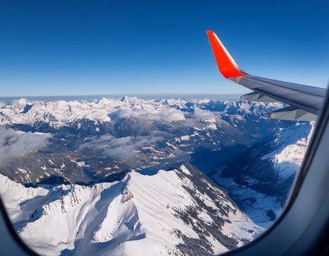 view from airplane window orange wing with red sign flying over snow covered mountains in switzerland high resolution photography high definition qualit - Powered by Adobe