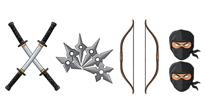 Ninja Weapons and Character Set: Crossed Swords, Stars, Bow and Masked Heads