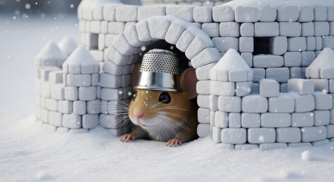A tiny mouse with a thimble helmet peers out from a snow-covered miniature castle, as snowflakes gently fall. The scene is whimsical