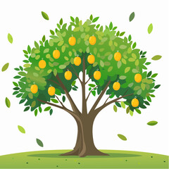Stylized Orange Tree with Falling Leaves and Cartoonish Fruit Illustration