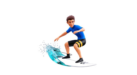 3d cartoon surfer riding the wave of summer fun, ocean blue adventure, isolated on transparent background