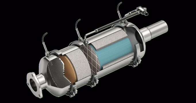 Cross section of of diesel particulate filter -DPF filter animation - 3D animation isolated on transparent background