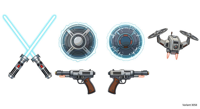 Sci-Fi Weapons and Gadgets Illustration Set on White Background