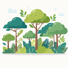 Fototapeta premium Stylized Forest Illustration with Lush Greenery and Cartoon Clouds