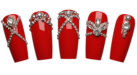 red nails with silver decorations on transparent background