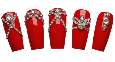 red nails with silver decorations on transparent background