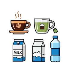 Four different types of coffee drinks and a coffee maker, presented in a flat design.