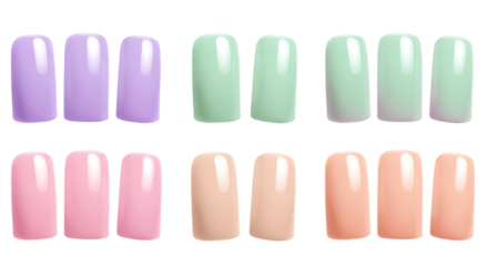 colorful nail designs arranged neatly on transparent background