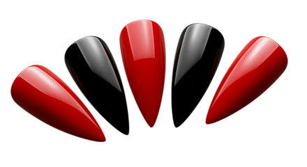 red black nails arranged in fan shape on transparent background