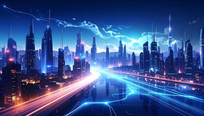 Fototapeta premium Futuristic Metropolis Illuminated by Flowing Energy Streams at Night